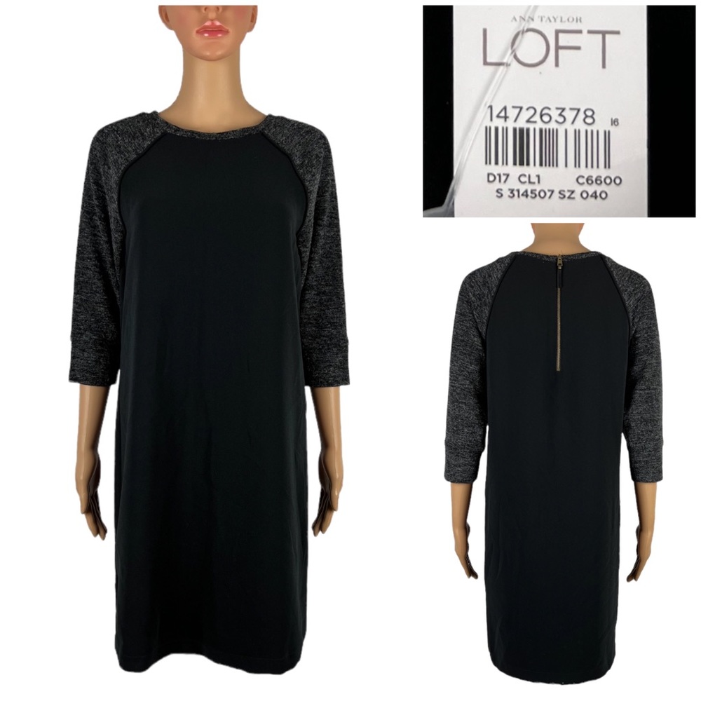 LOFT Womens 4 Dress Black Gray 3/4 Sleeve Knee Length Shift Casual Business NWT